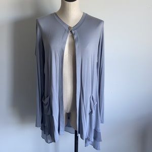 LOGO Open Cardigan Chiffon Ruffle Back Long Sleeve Gray S